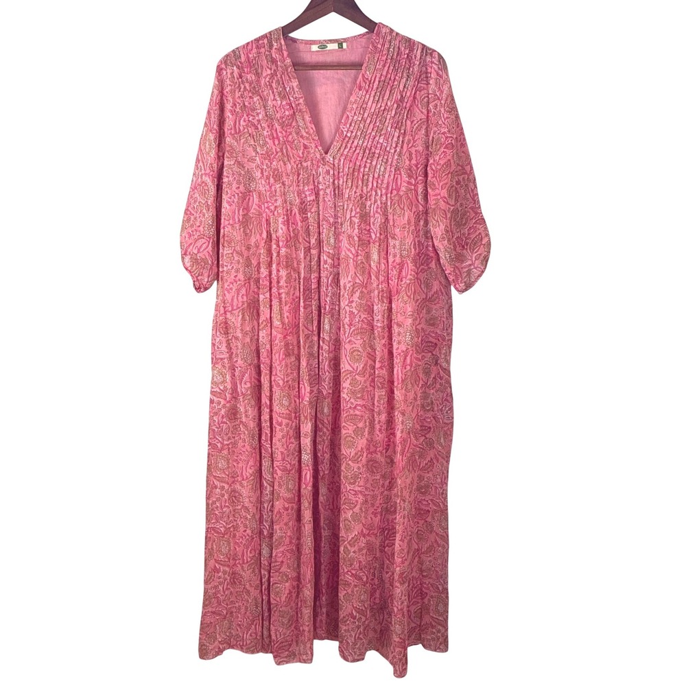 Dolma Midi Dress Large Pink Floral 3/4 Sleeve Boho Casual Vacation Resort Cotton